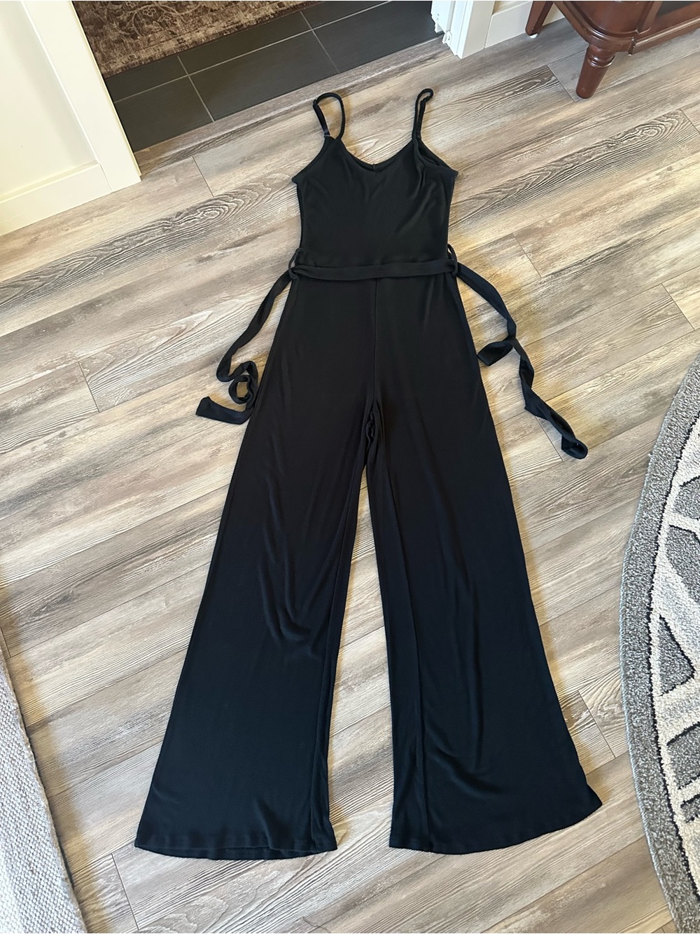 La Vie En Rose Ribbed Black Knit Wide-Leg Spaghetti-Strap Jumpsuit